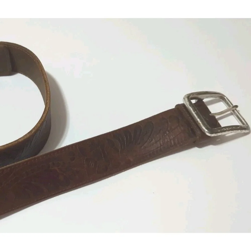 Silpada Tooled Leather Belt Silver Buckle Lg Brown Western Cowgirl Floral Boho